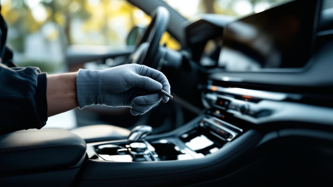 Technician inspecting the steering column area of a Lexus sedan that will not start in an Arlington, Texas driveway
