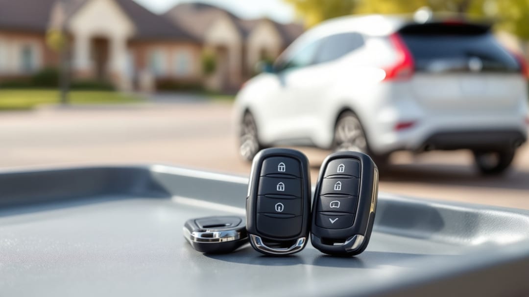 Two Toyota smart key fobs on a tool tray beside a compact crossover in an Arlington, Texas apartment parking lot