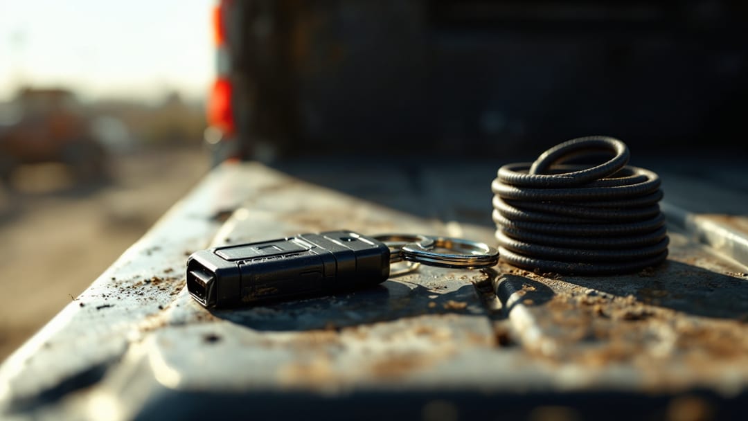 Mobile locksmith originating a replacement key for a Toyota pickup truck at a job site in Arlington, Texas